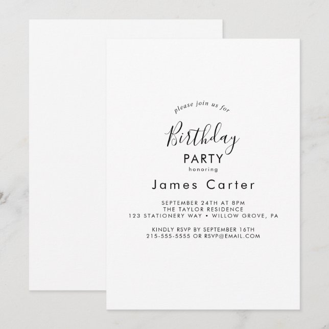 Sleek Modern Script Födelsedagsfest inbjudan (Fram/baksida)