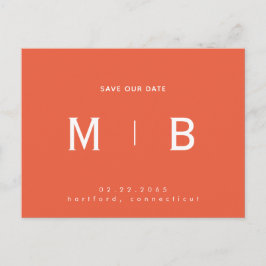 Sleek Monogram Orange Bröllop Spara Datum Vykort