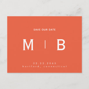 Sleek Monogram Orange Bröllop Spara Datum Vykort