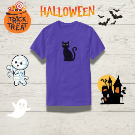 Sleek Orange-Eyed Black Cat Halloween T Shirt