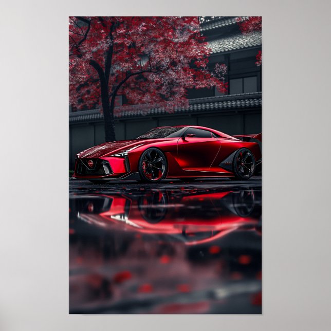 Sleek Red Nissan GTR 2028 Concept Car Side View Po Poster (Framsidan)
