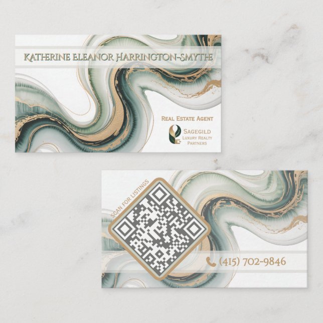 Sleek Sage Gold Marble Modern Mäklarlogo QR-kod Visitkort (Fram/baksida)