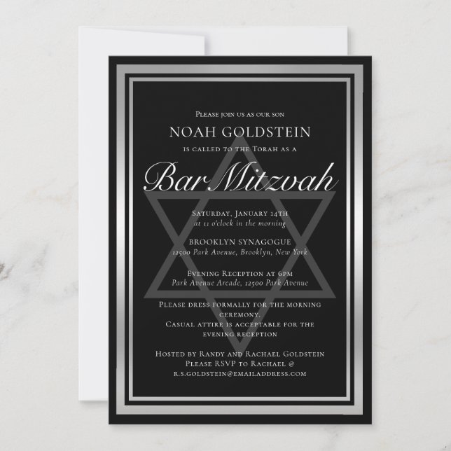 Sleek Silver Black Formal Pub Mitzvah Inbjudningar (Framsida)