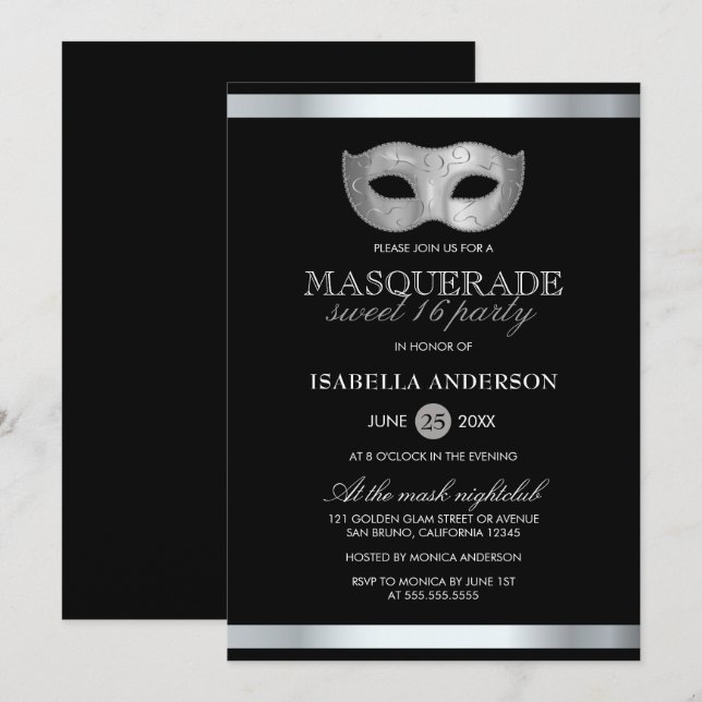 Sleek Silver & Black Masquerad Sweet 16 Party Inbjudningar (Fram/baksida)