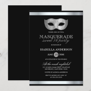 Sleek Silver & Black Masquerad Sweet 16 Party Inbjudningar