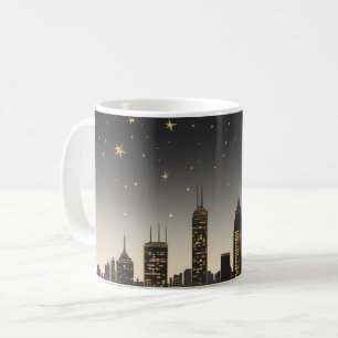 Sleek skyline silhouette från en stad nattetid kaffemugg