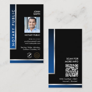 Sleek Svart Blå Notarius Logo Foto QR-kod Visitkort