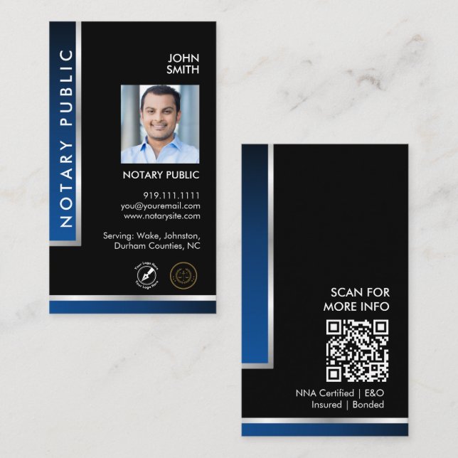 Sleek Svart Blå Notarius Logo Foto QR-kod  Visitkort (Fram/baksida)