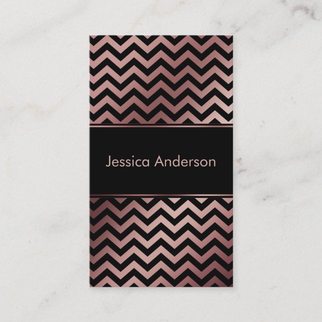 Sleek Svart & Falsk Rosa Guld Folie Chevron Mönste Visitkort (Framsida)