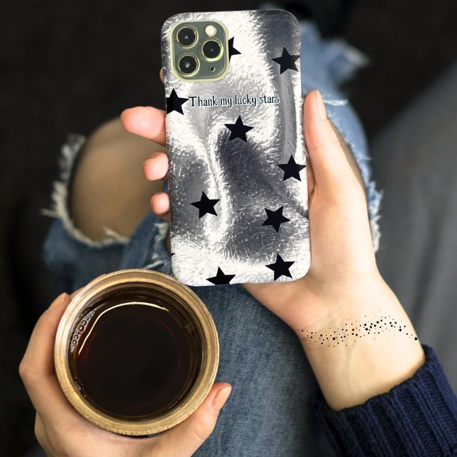 Sleek "Tack för mina lyckliga stjärnor" Silver Bla (Trendy sleek silver gray cell phone case with simple black stars for elegant wow factor!)