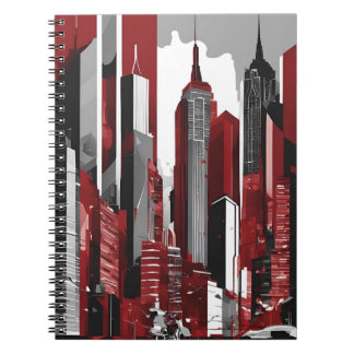 Sleek Urban Skyline Notebook - Bold Red, Black, oc Anteckningsbok