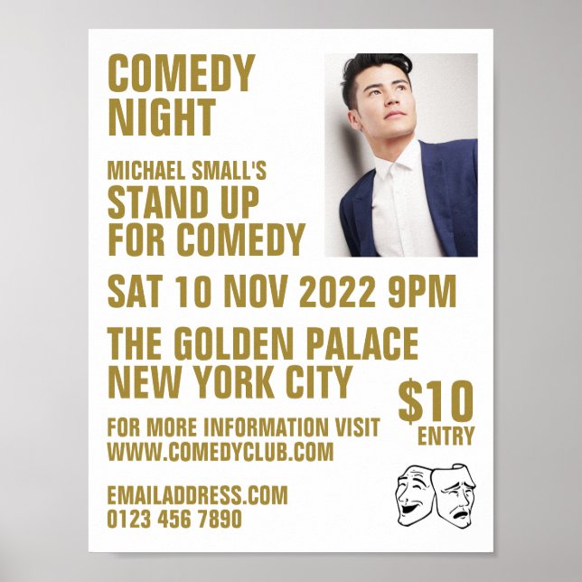 Sleek White & Guld, Komiker, Comedy Klubb Advert Poster (Framsidan)