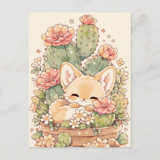 Sleeping Apricot Cactus Pot Fennec Fox Vykort