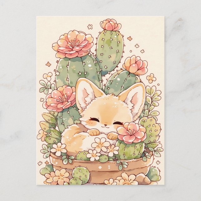 Sleeping Apricot Cactus Pot Fennec Fox Vykort (Framsida)