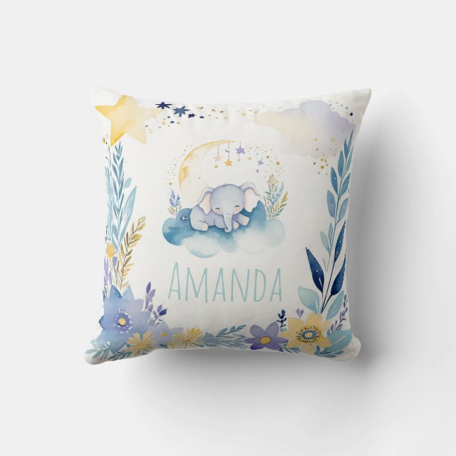Sleeping Baby Elephant Boho Namn Nursery Pillow Kudde (Baksida)