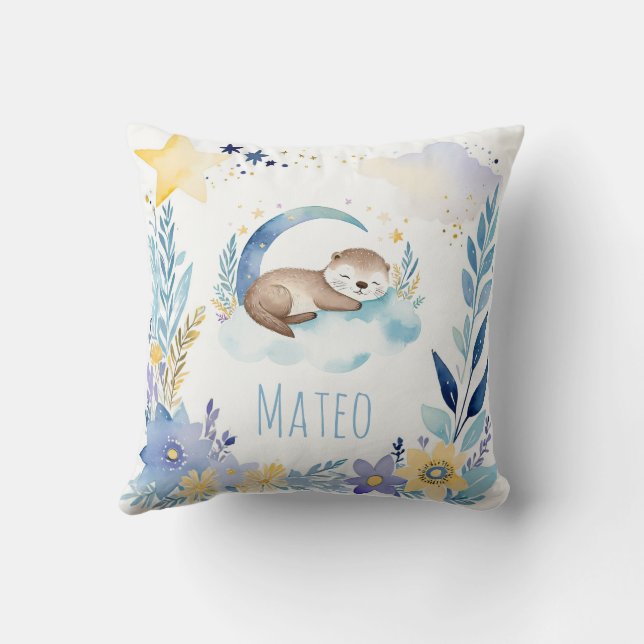 Sleeping Baby Otter Boho Namn Nursery Pillow Kudde (Baksida)