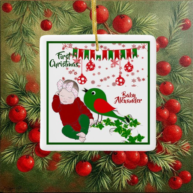 Sleeping Babys First jul Art Chirping Birdie Julgransprydnad Keramik (Sleeping Babys First Christmas Art Chirping Birdie Ceramic Ornament)