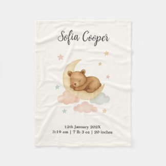Sleeping Bear and Moon Birth Stats Baby Blanket Fleecefilt