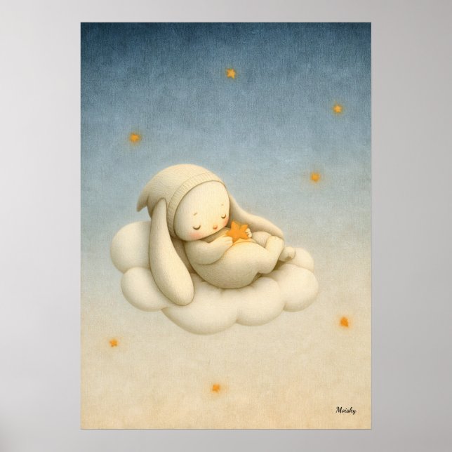 Sleeping Bunny Cloud Nursery Baby Illustration Poster (Framsidan)