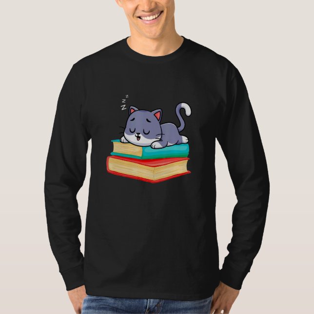 Sleeping Cat On Books Librarian bookish Cat & Book T Shirt (Framsida)