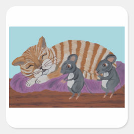 Sleeping Cat with Sneaky Mice  Fyrkantigt Klistermärke