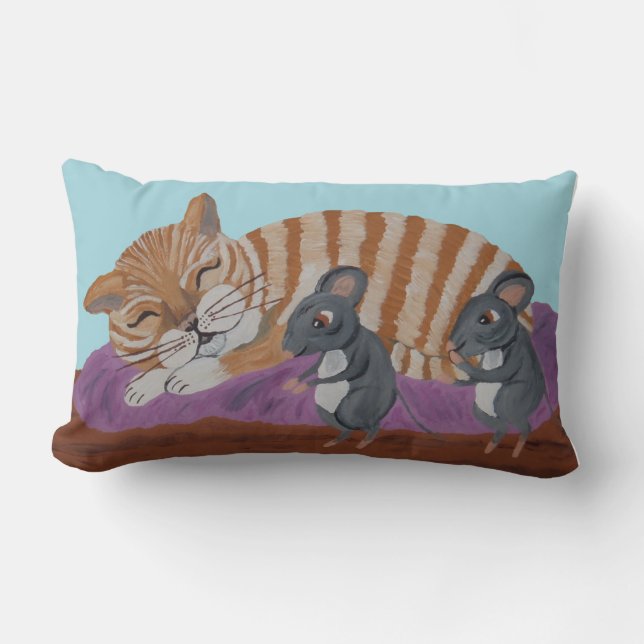 Sleeping Cat with Sneaky Mice Throw Pillow Lumbarkudde (Framsida)