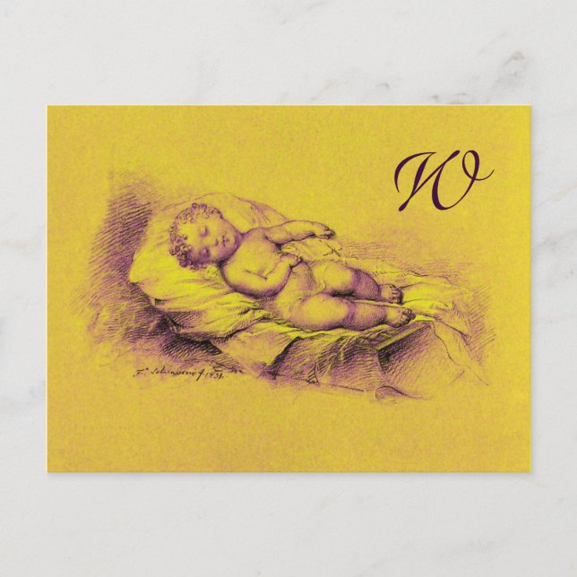 SLEEPING CHILD, GULD GULT BABY SHOWER MONOGRAM INBJUDAN VYKORT (Framsida)