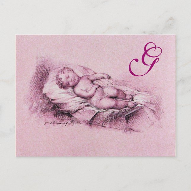 SLEEPING CHILD, ROSA BABY SHOWER MONOGRAM INBJUDAN VYKORT (Framsida)