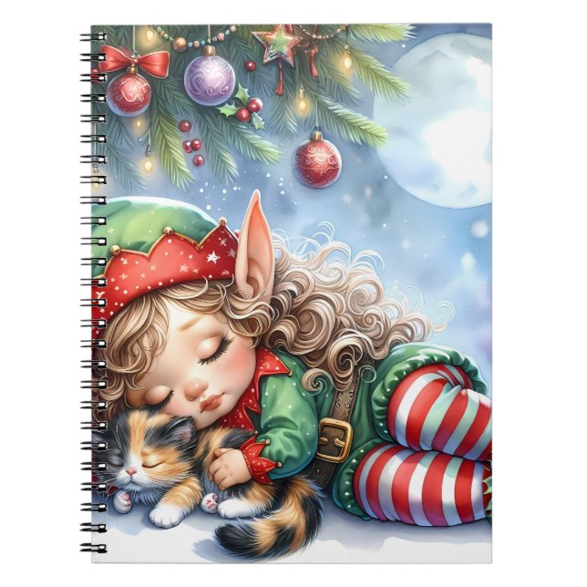 Sleeping Christmas Elf with Calico Kitten Anteckningsbok (Framsidan)
