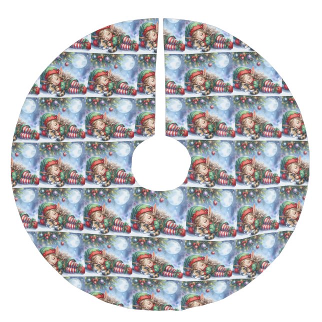 Sleeping Christmas Elf with Calico Kitten Julgransmatta Borstad Polyester (Framsidan)