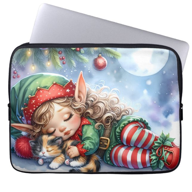 Sleeping Christmas Elf with Calico Kitten Laptop Fodral (Framsidan)