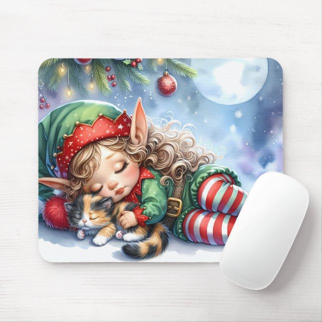 Sleeping Christmas Elf with Calico Kitten Musmatta (Med mus)