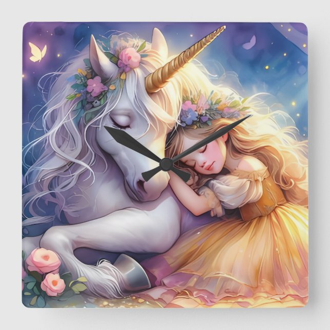 Sleeping Girl Unicorn Dreamscape Fyrkantig Klocka (Framsida)