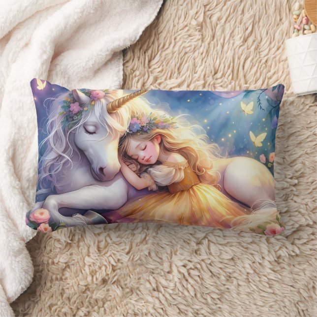 Sleeping Girl Unicorn Dreamscape Lumbarkudde (Filt)