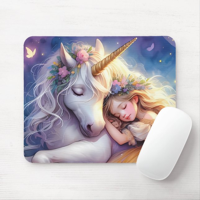 Sleeping Girl Unicorn Dreamscape Musmatta (Med mus)