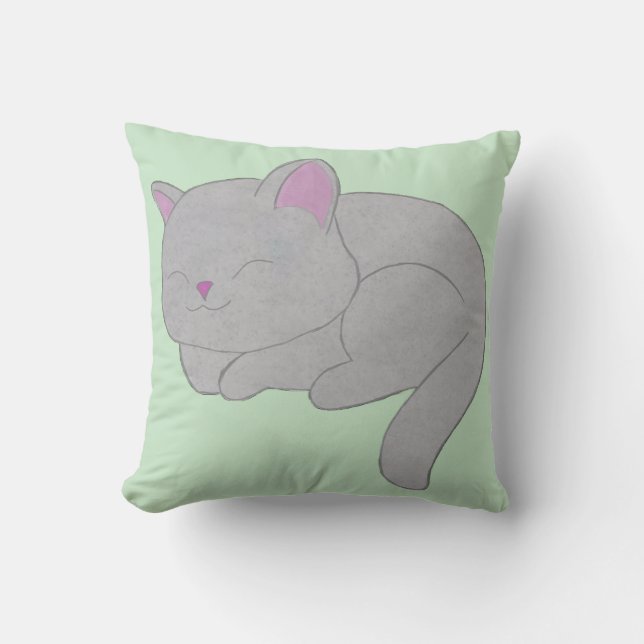 Sleeping Grey Kitten Throw Pillow Kudde (Framsida)
