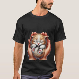 Sleeping Kitten Cradled in Hands Tiny Fluffy Cat  T Shirt