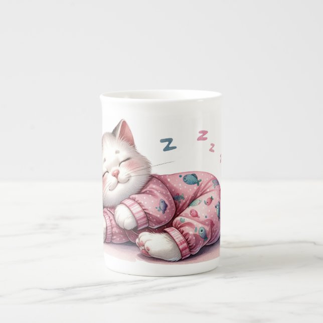 Sleeping Kitten i Pajamas Bone China Mugg Benporslin Mugg (Framsidan)