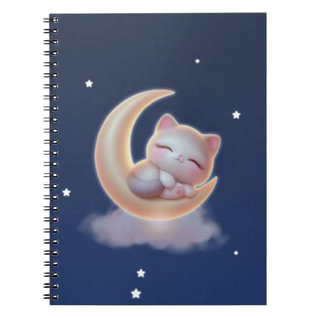 Sleeping Kitten on Moon – Cute Kawaii Cat Notebook Anteckningsbok (Framsidan)