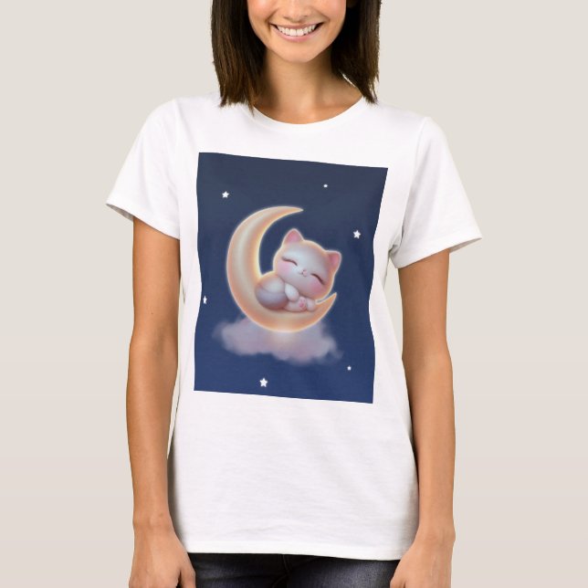 Sleeping Kitten on Moon – Cute Kawaii Cat T-Shirt (Framsida)