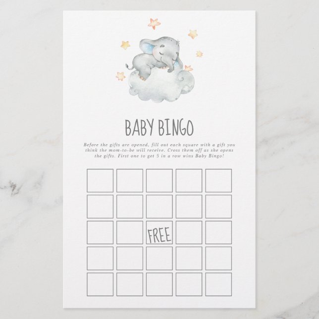Sleeping Little Elephant Boy Baby Bingo Game Flygblad (Framsidan)