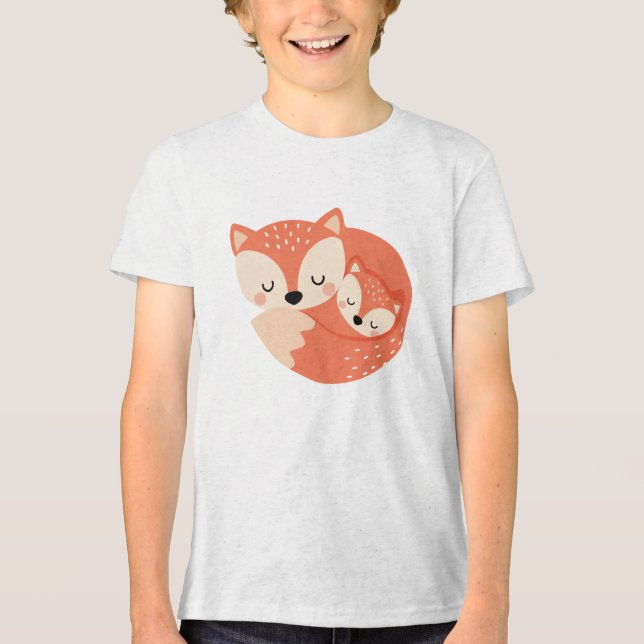 Sleeping Mama Fox with Baby Cub Illustration T Shirt (Framsida)