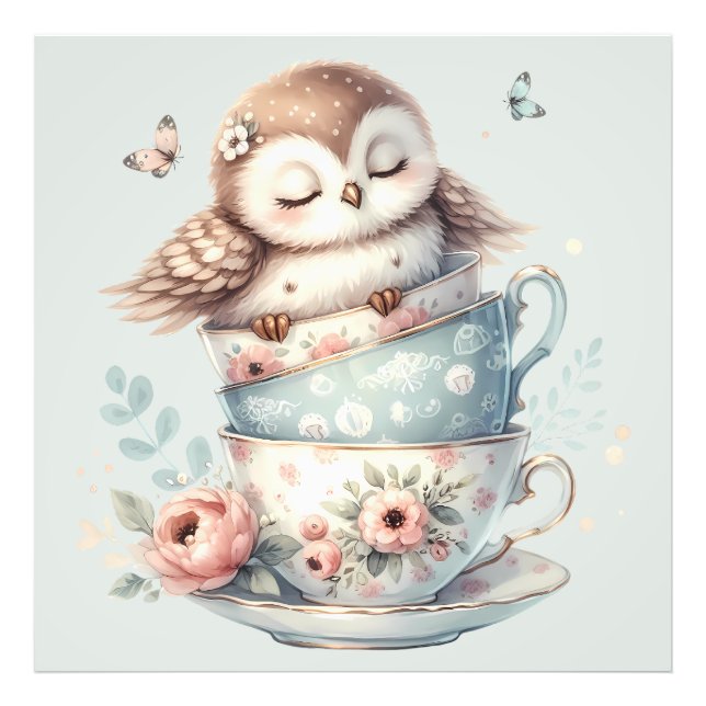Sleeping Owl in Stacked Floral Teacups Fototryck (Framsidan)