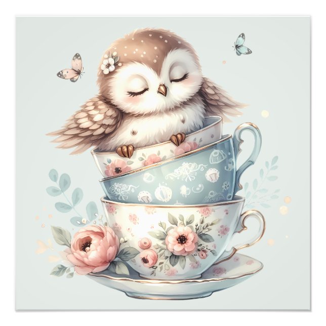 Sleeping Owl in Stacked Floral Teacups Fototryck (Framsidan)