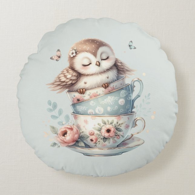 Sleeping Owl in Stacked Floral Teacups Rund Kudde (Framsidan)