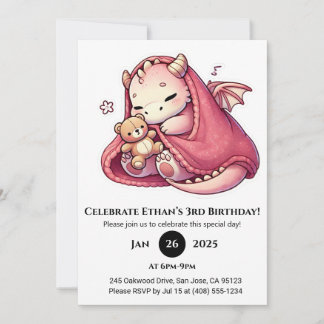 Sleeping Pink Baby Dragon with Teddy Birthday Inbjudningar
