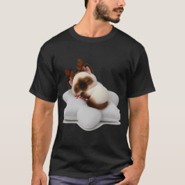 Sleeping Reindeer Cat with Candy Cane on Star Pill T Shirt