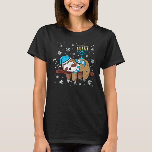 Sleeping Sloth Menorah Hanukkah Chanukah Animal Je T Shirt (Framsida)
