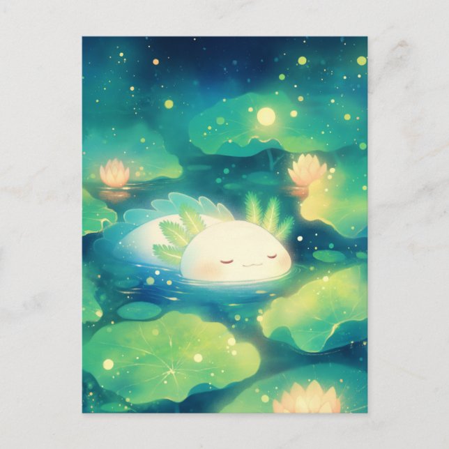 Sleeping White Axolotl in Magical Night Lotus Pond Vykort (Framsida)