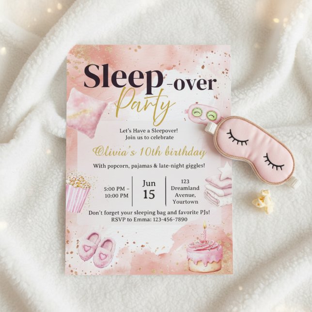 Sleepover Birthday Invitation • Pink Pajama Party  Inbjudningar (Pink and gold sleepover birthday invitation with eye mask on soft white blanket)